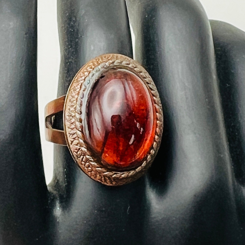 Vintage Copper Tone Faux Amber Statement Ring Size 5.5 Adjustable Oval Boho